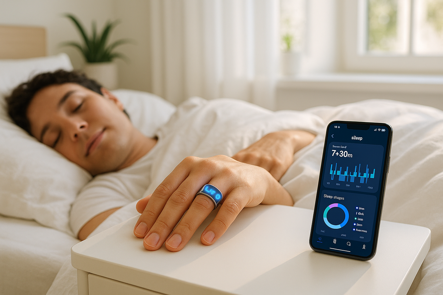 “A peaceful person sleeping in a modern bright bedroom with natural morning light. On their finger, the Smart Ring display glows softly with sleep tracking icons (🌙💤❤️). Beside the bed, a smartphone on the nightstand shows a clear sleep analysis app screen with colorful graphs. The mood is calm, positive, and relaxing, with white/neutral colors, cozy bedding, and a fresh lifestyle vibe. High-resolution, realistic photo style, premium e-commerce quality.”