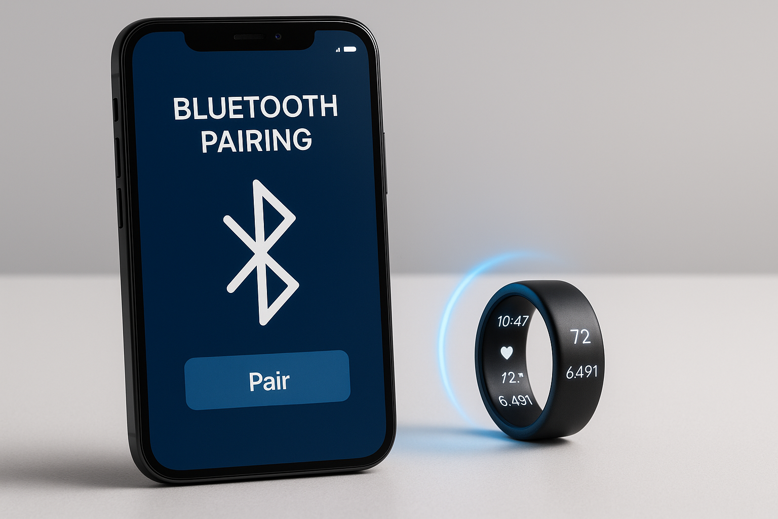 Gros plan d’un smartphone avec l’écran "Bluetooth Pairing" affiché.

La Smart Ring avec des ecritures dessus par exemple l'heure ou la santé posée juste à côté du téléphone, avec une petite lueur bleue pour symboliser la connexion.