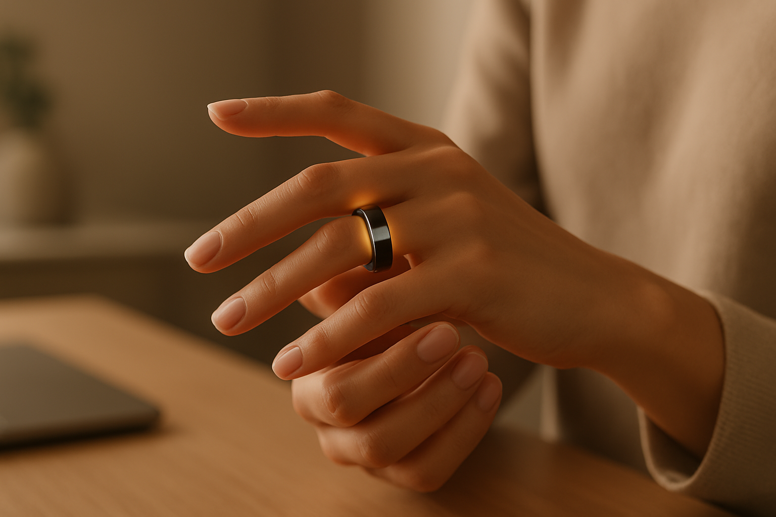 Une main élégante mettant la bague à son doigt.
Lumière douce, fond lifestyle (ex: bureau moderne, café, ou juste un fond neutre chic).
La smart ring brille légèrement pour attirer l’attention.
