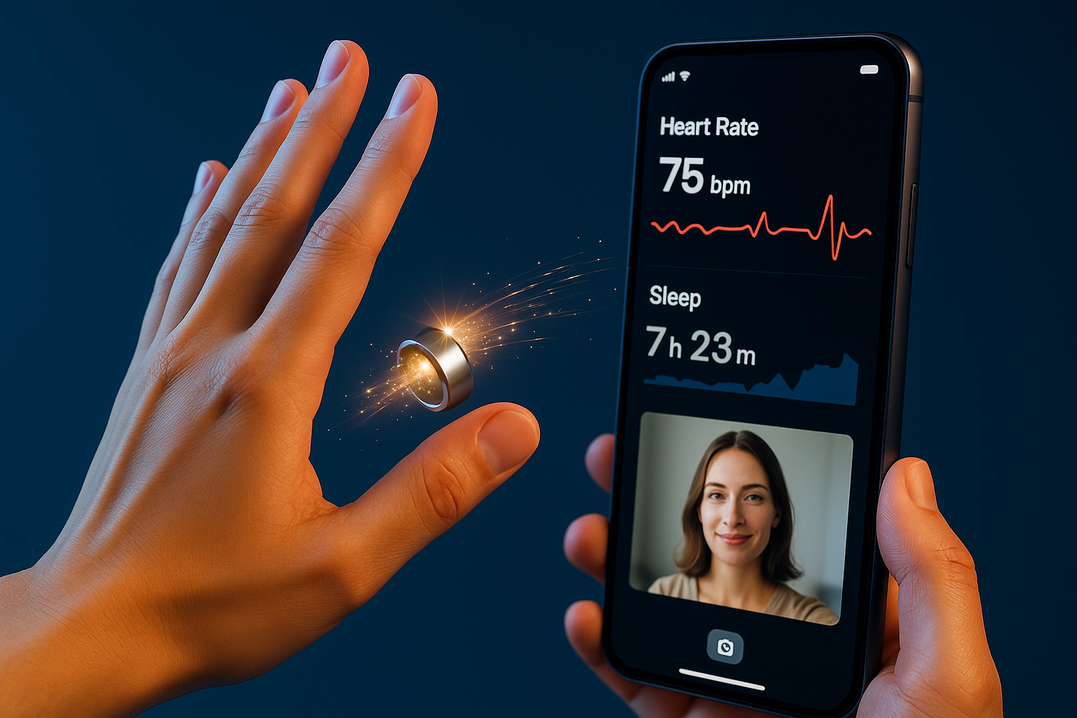 Une personne utilisant un geste de la main (ex : main levée devant un téléphone pour faire défiler TikTok ou prendre une photo).
Sur l’écran du smartphone : affichage de données santé (rythme cardiaque, sommeil) ou une photo prise automatiquement.
Effet dynamique (petits éclats lumineux sortant de la smart ring pour symboliser le contrôle).